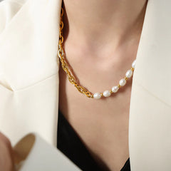 All-Match Titanium Steel Gold-Plated Freshwater Pearl Necklace