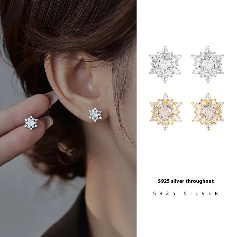 S925 Silver French Snowflake Zircon Stud Earrings